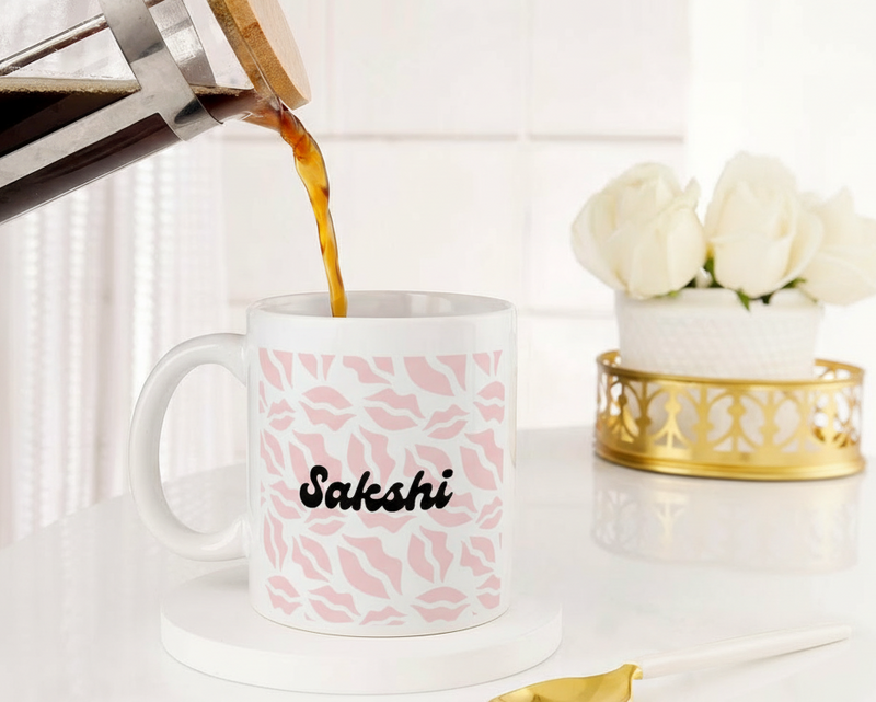 Personalized "Hugs & Kisses" Lip Pattern Ceramic Mug