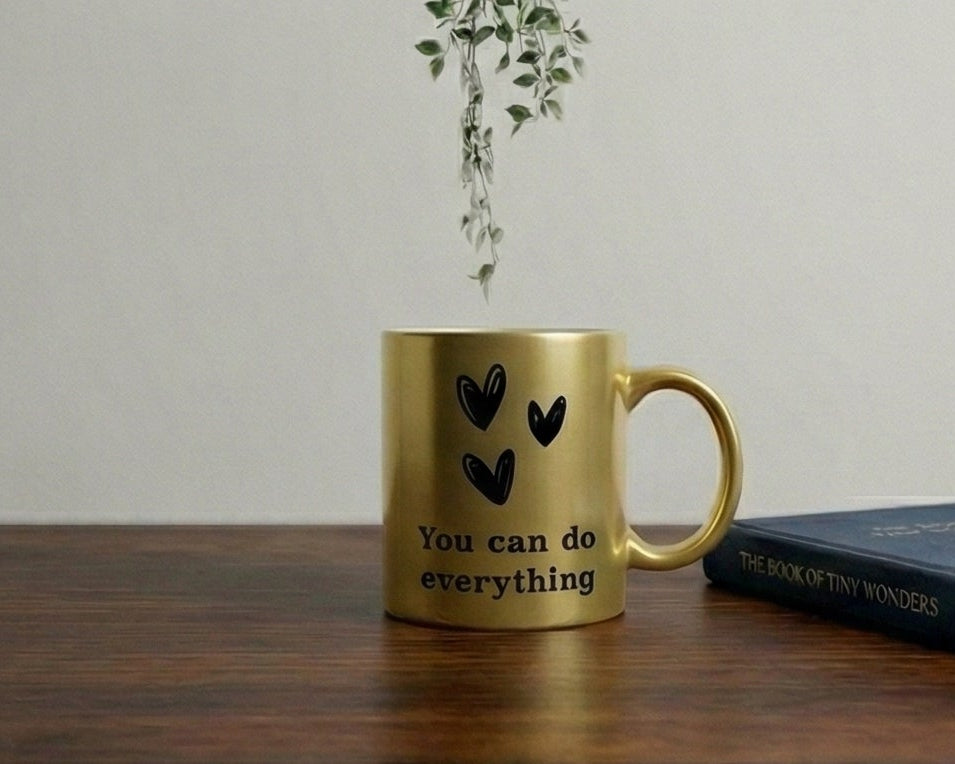 "Never Give Up" Satin Gold Motivational Ceramic Mug