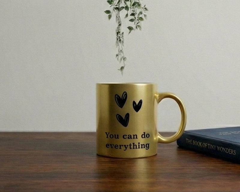 "Never Give Up" Satin Gold Motivational Ceramic Mug