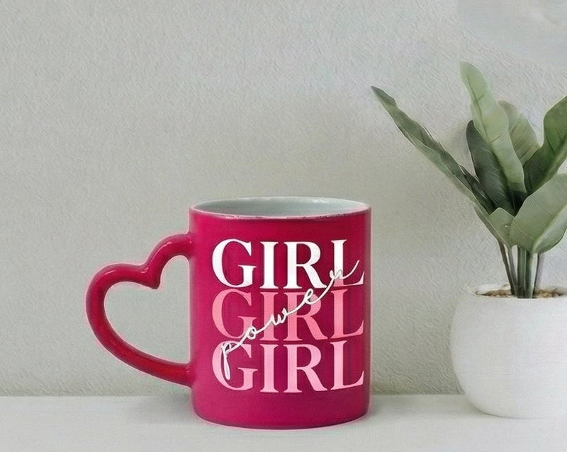 "Girl Power" Magenta Ombré Heart-Handle Ceramic Mug