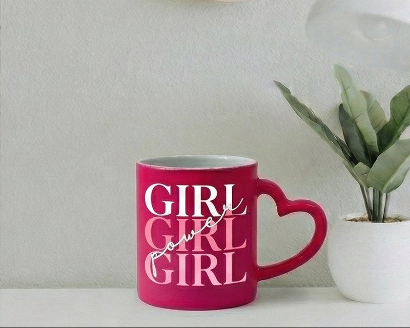 "Girl Power" Magenta Ombré Heart-Handle Ceramic Mug