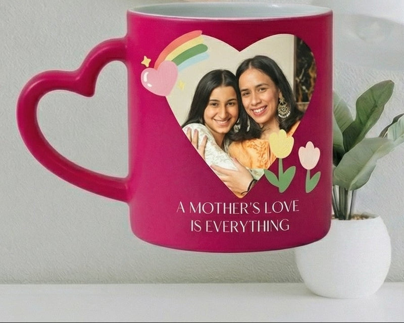 Personalized "A Mother's Love" Magenta Heart-Handle Photo Mug