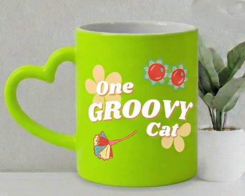 "One Groovy Cat" Retro Lime Heart-Handle Ceramic Mug