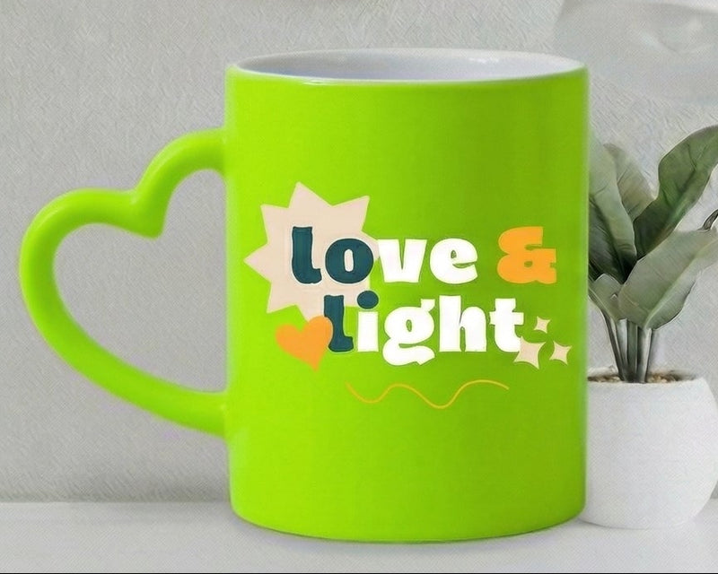"Love & Light" Festive Neon Lime Heart-Handle Mug