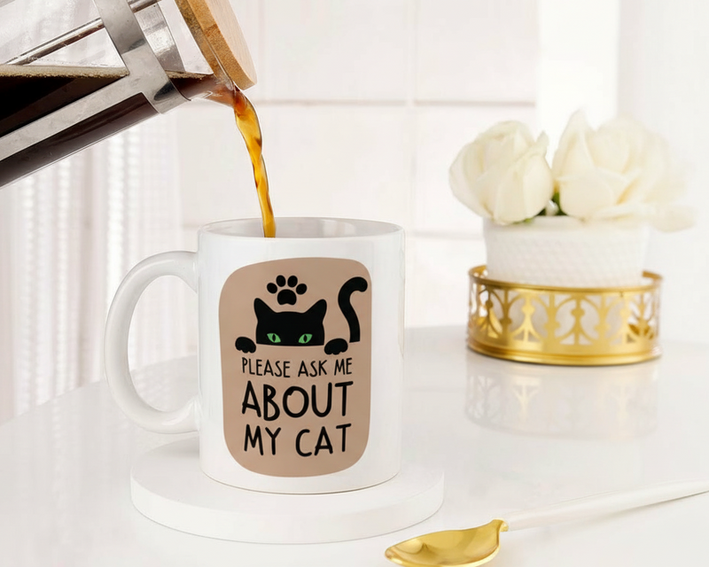 "Ask Me About My Cat" Peeking Feline Ceramic Mug