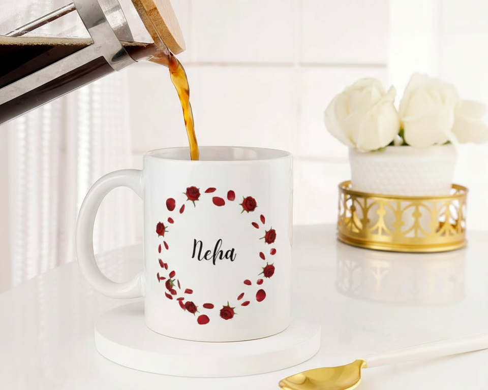 Personalized Red Rose Wreath Custom Name Ceramic Mug