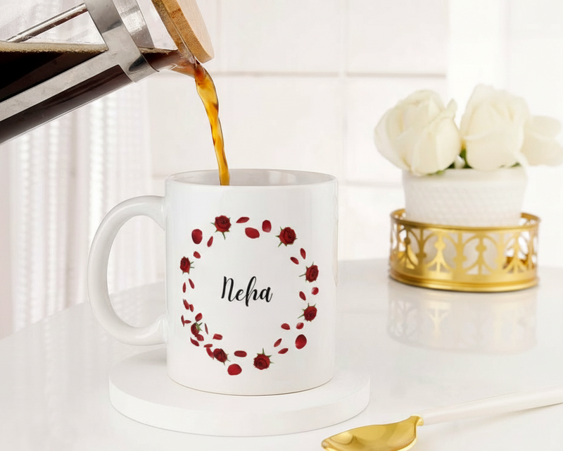 Personalized Red Rose Wreath Custom Name Ceramic Mug