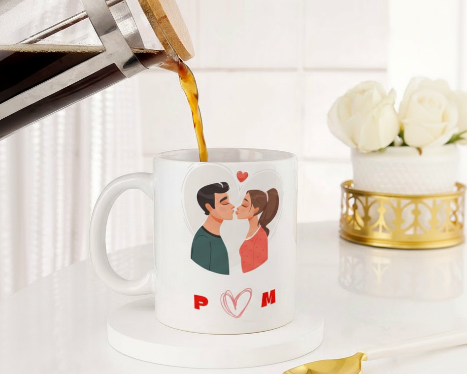 Personalized "Happy Valentine's Day" Couples Illustration Ceramic Mug