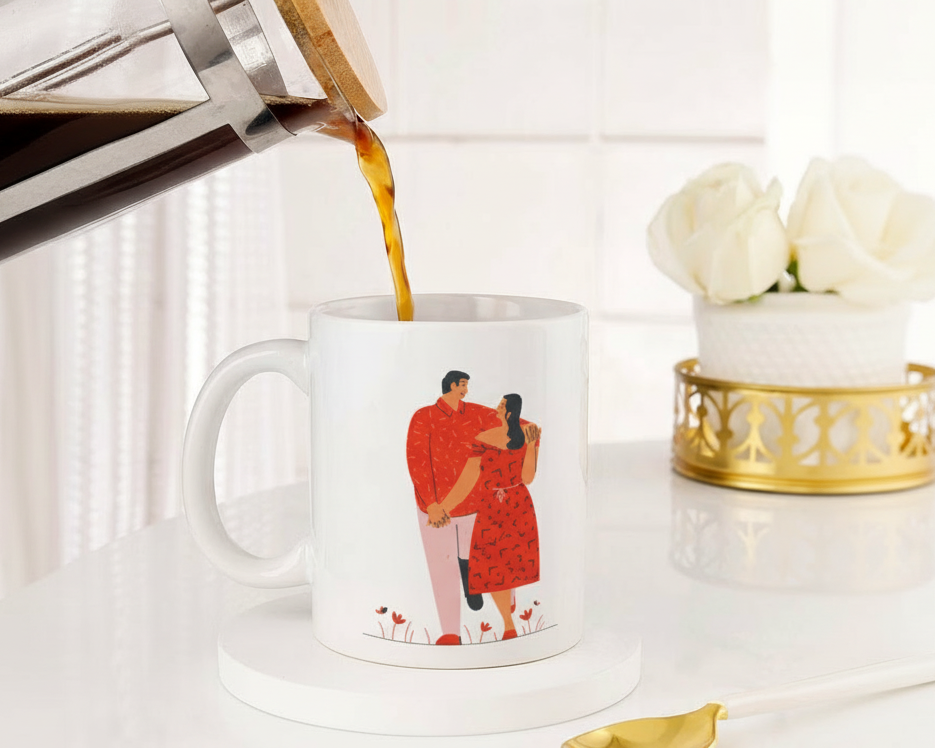 Personalized "Couple in Red" Illustration & Initials Ceramic Mug