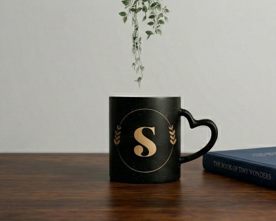 Personalized Gold Monogram Heart-Handle Matte Magic Mug