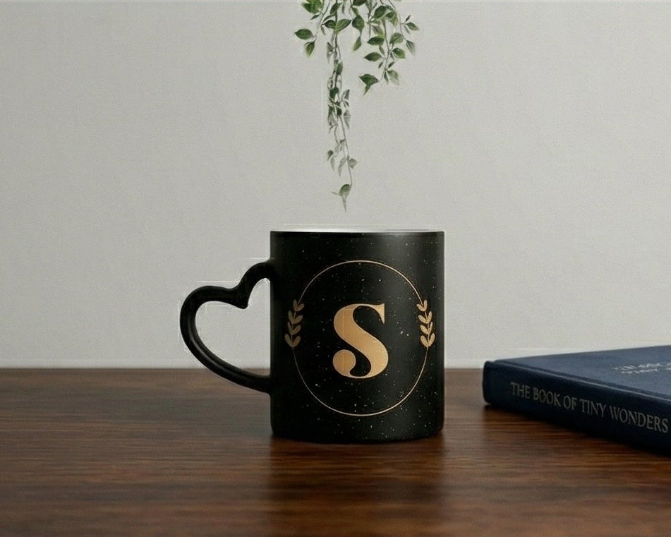 Personalized Gold Monogram Heart-Handle Matte Magic Mug