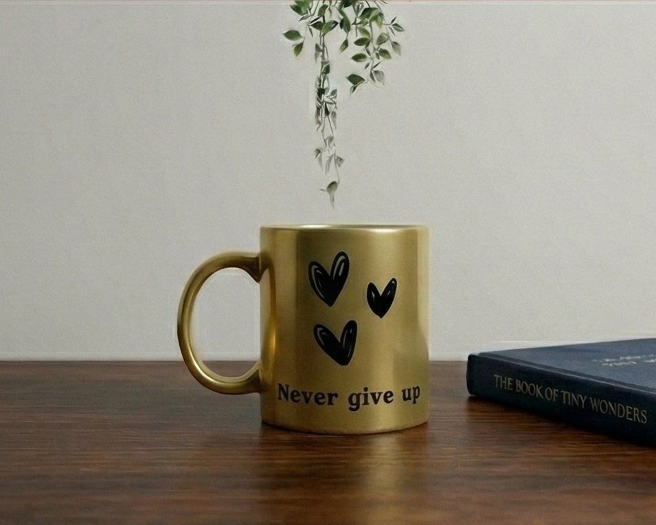 "Never Give Up" Satin Gold Motivational Ceramic Mug