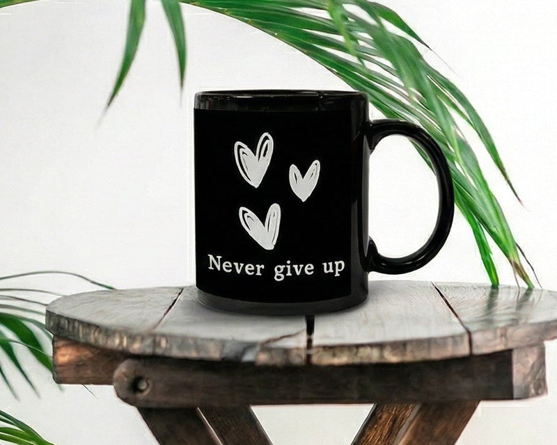 "Never Give Up" Minimalist Monochrome Motivational Mug