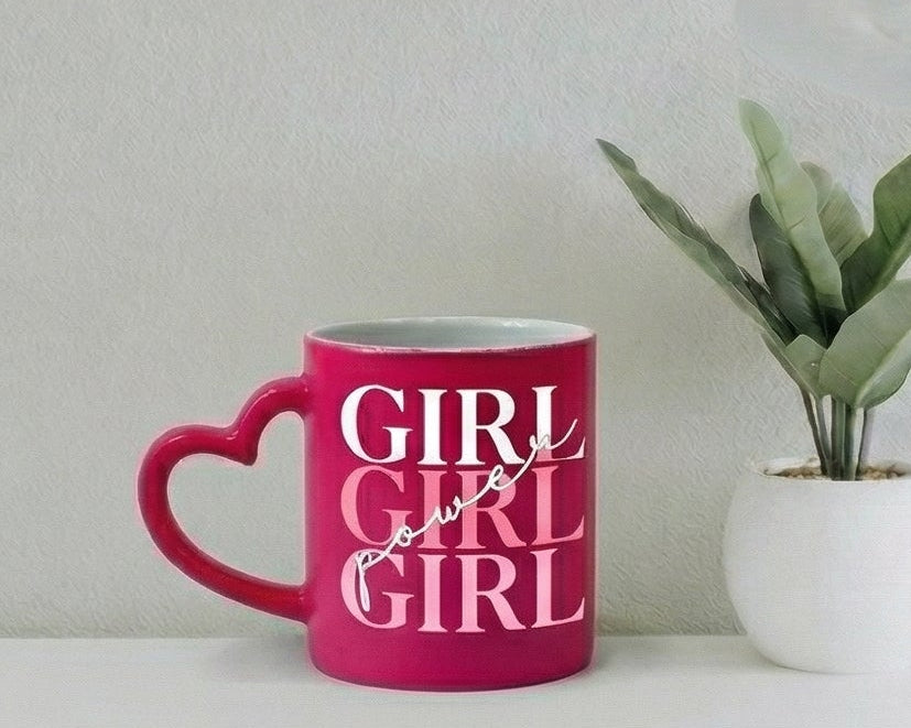 "Girl Power" Magenta Ombré Heart-Handle Ceramic Mug