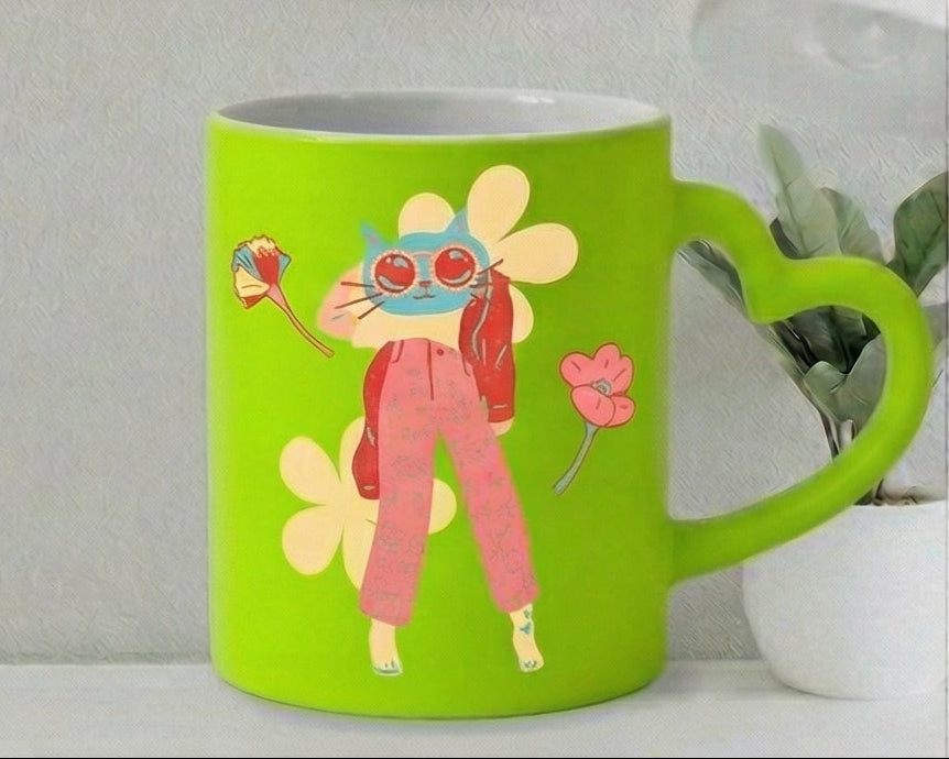 "One Groovy Cat" Retro Lime Heart-Handle Ceramic Mug
