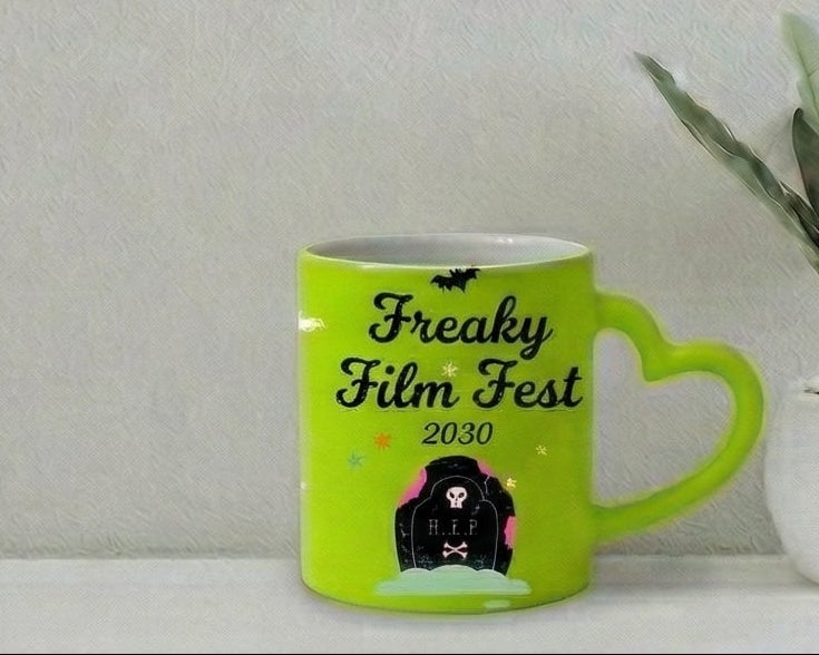 "Horror Movies & Chill" Neon Lime Halloween Heart-Handle Mug