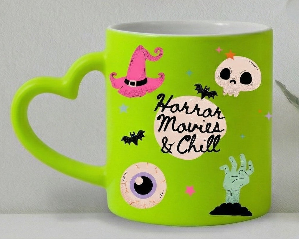 "Horror Movies & Chill" Neon Lime Halloween Heart-Handle Mug