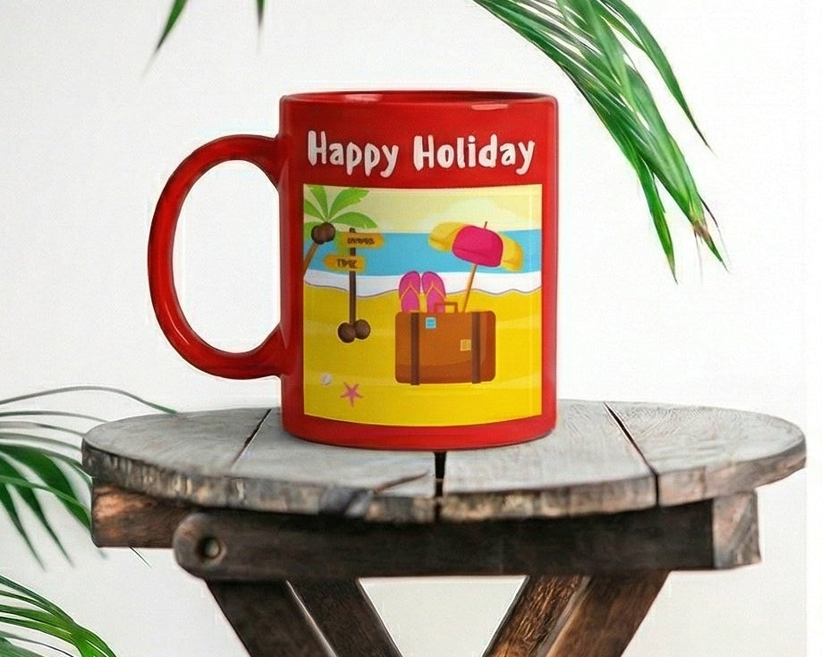 "Happy Holiday" Tropical Beach Escape Ceramic Mug